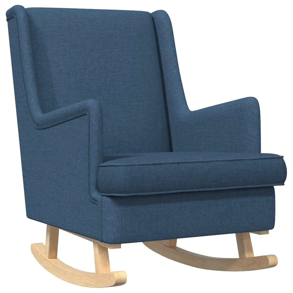 Rocking chair bleu en tissu, vu de trois quarts sur fond blanc, avec patins en bois clair.