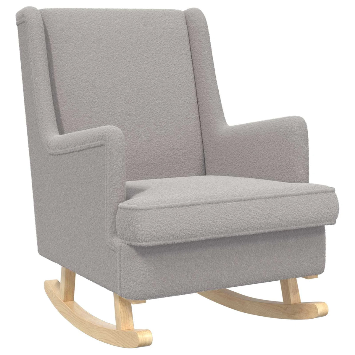 Rocking chair gris clair en bouclé, vu de trois quarts sur fond blanc, avec patins en bois