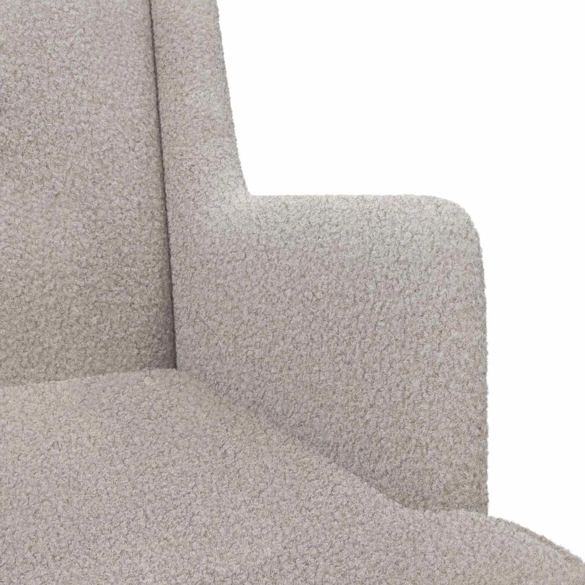 Vue de profil du rocking chair gris clair en bouclé et de ses patins incurvés en bois.