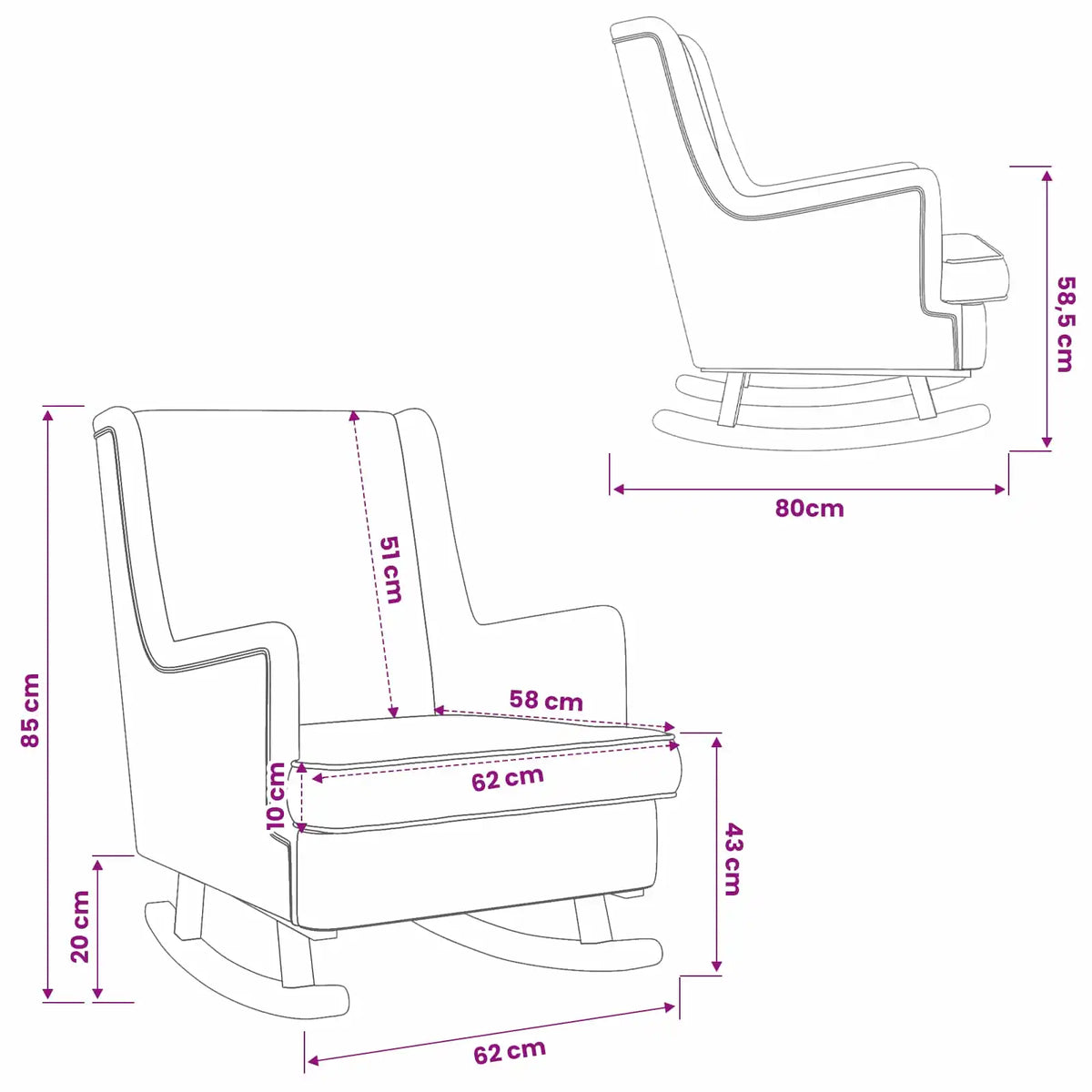 Schéma du rocking chair : 62 cm de largeur, 80 cm de profondeur et 85 cm de hauteur.