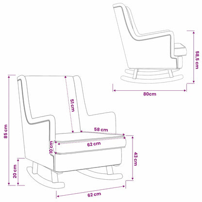 Schéma du rocking chair : 62 cm de largeur, 80 cm de profondeur et 85 cm de hauteur.