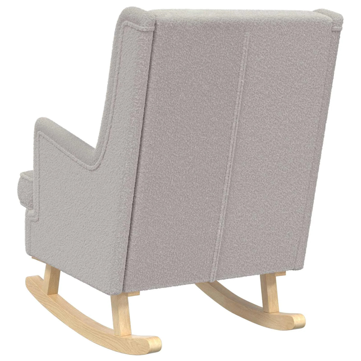 Vue arrière du rocking chair gris clair, montrant le dossier en bouclé et les patins en bois.