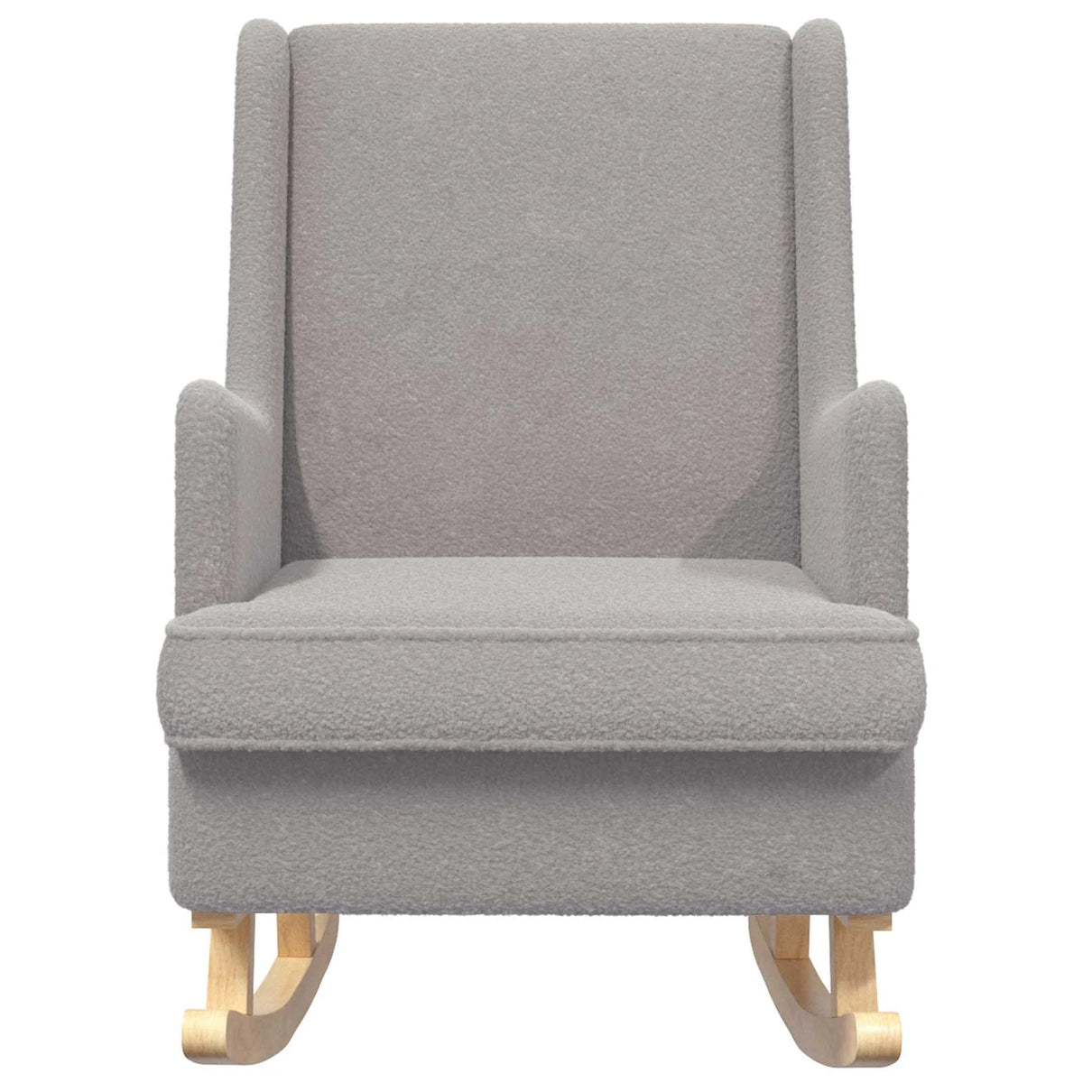 Vue de face du rocking chair gris clair, avec dossier haut, accoudoirs et coussin d’assise.