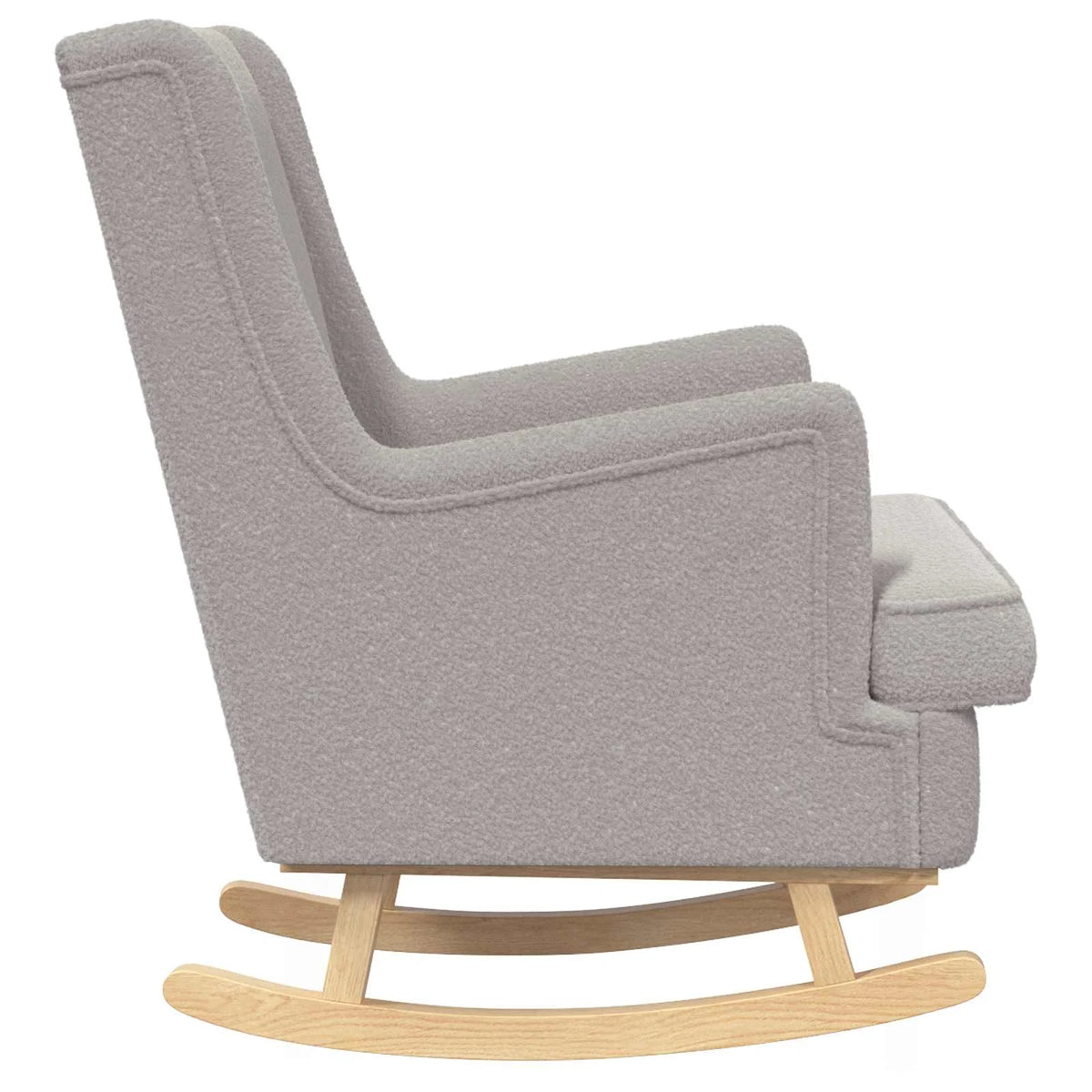 Détail du revêtement bouclé gris clair sur le dossier, l’accoudoir et le coussin du fauteuil