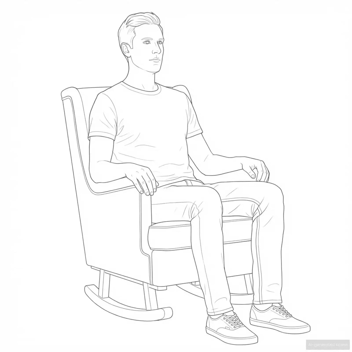 Illustration d’un adulte assis dans le rocking chair, les bras posés sur les accoudoirs.