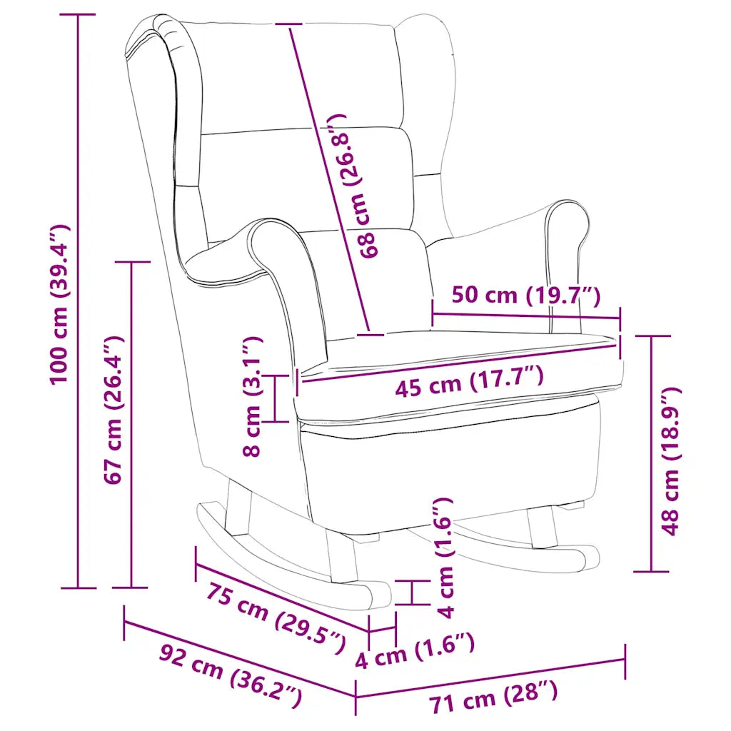 Schéma du rocking chair : largeur 71 cm, profondeur 92 cm, hauteur 100 cm.