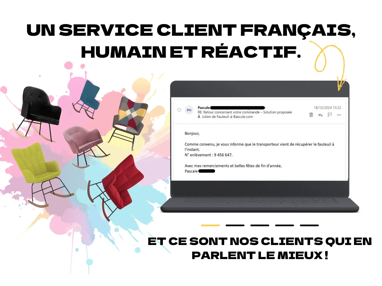 Capture d’écran d’un client qui nous remercie pour la rapidité et l’efficacité de notre service client français.